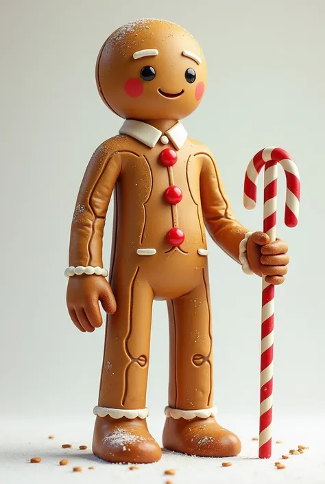 
large ginger bread man.thin as a biscuit.standing.candy cane in right hand