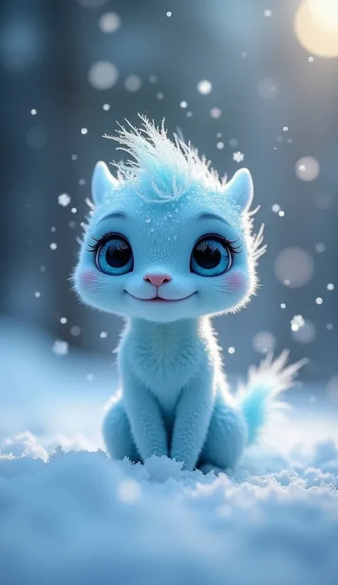 A tiny ice creature with big kind blue eyes gazes sweetly into the frame and smiles, surrounded by a soft ethereal glow, delicate hoarfrost and sparkling snowflakes falling softly around him, exuding an aura of gentle wintry magic.