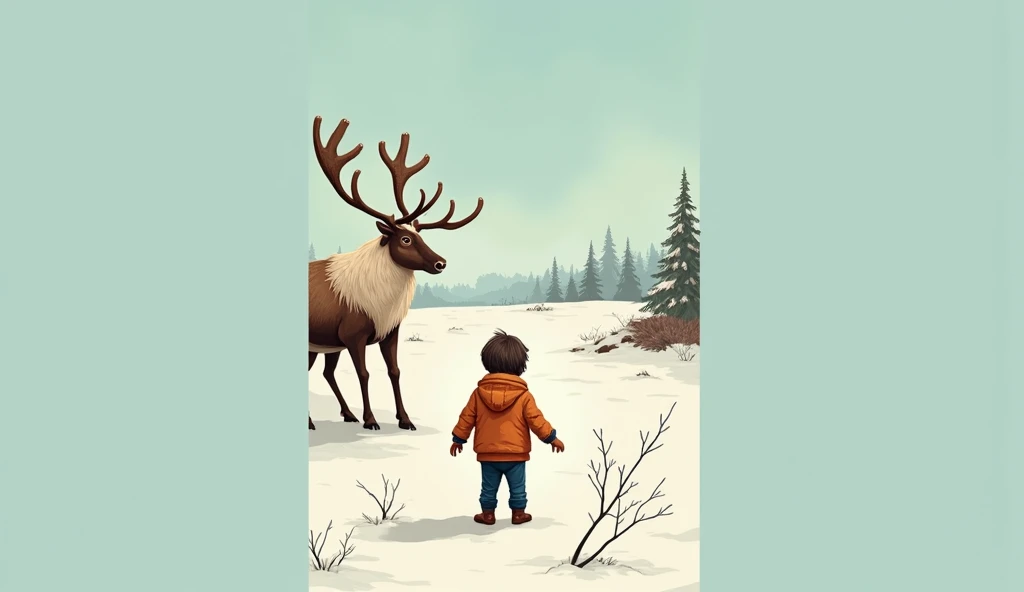 **/imagine prompt:**  child ,  stands in front of a huge wild reindeer in a glowing shade of brown ,  The ground is covered with snow and there are fragments of branches broken in several places {x} a small circle around the child drawing towards the bushe...