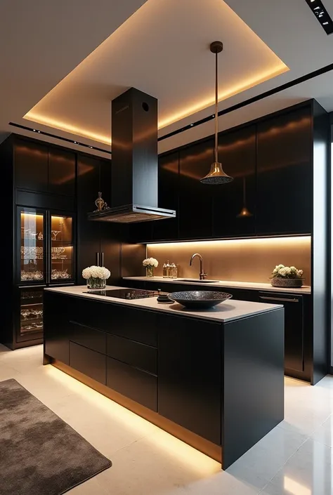 Architectural professional 3D rendering of the interior design of a kitchen with expensive appliances in modern and minimalist style and two separate parts. Very luxurious. One part consists of refrigerator and sink and gas on the cabinet plate and oven, a...