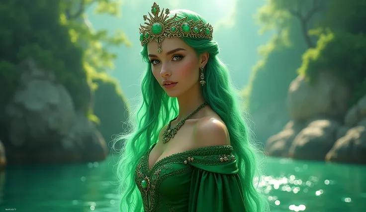 Princess of the Emerald Isles
She has vibrant green hair and wears a rich emerald gown. Her crown is adorned with jade and emerald stones, and she carries an air of calm majesty.