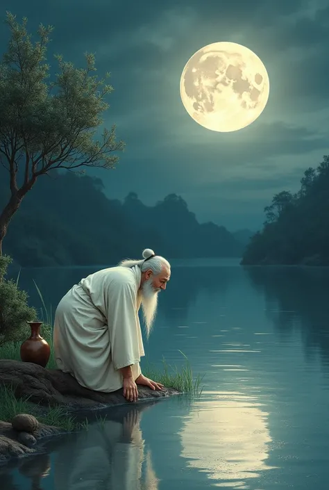  trying to pull the moon ,  There is a round small moon in the sky , A drunken ,  ,  dressed in a white robe ,  crouched on the shore of the lake ,  White with a long beard ,  under the grass ,  A dark green bush behind Li Bai ,  dark blue evening ,  Lake ...