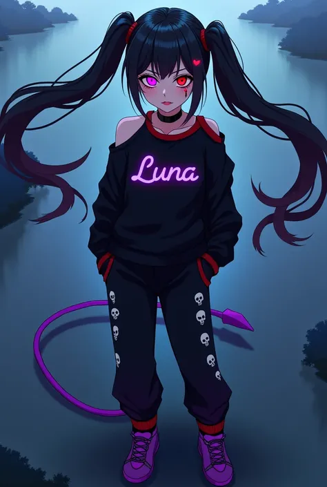 adult.with black hair. with beautiful neon purple . with two parts tied behind . the right eye is neon red the left eye is neon purple. black makeup on the eyes . a small heart tattooed on the right cheek .a collar.You have it written WHITE in the color pu...