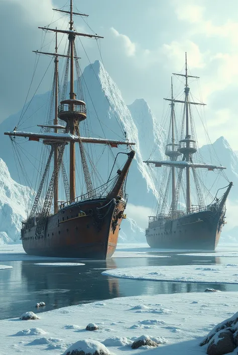 Make an image where there are two large old ships stranded in the ice