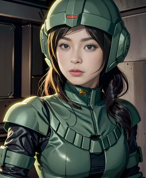   Max Image , Outstanding details,  super high resolution, ( realism: 1.4),  Best Illustration , ,  very condensed 1 girl,  , Beautiful woman wearing a black and green mecha ,  wearing a mecha helmet ,  holding a direction control device ,  Wearing,  weari...