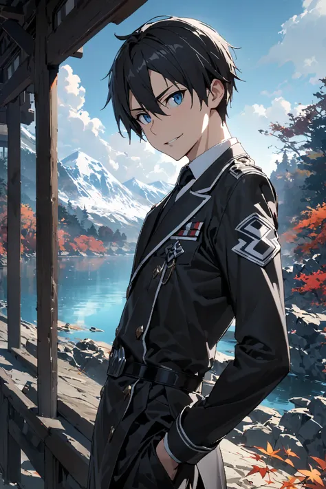 masterpiece, 最 High Quality , 8k, ((1 male, Alone, male focus, confident,)), A bright blue lake in a nature-rich Japanese garden with fall foliage, blue sky、最 High Quality , Kirito,  Japanese delicate and elegant anime style cool guy, Draw faces in high de...