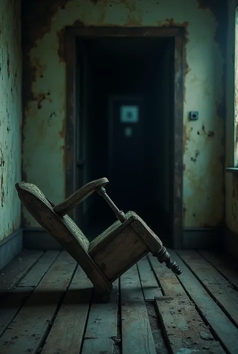 
:
" A dark, empty room with peeled and moisture-stained walls. in the center,  an antique wooden chair is positioned on its back ,  wobbling slightly on its own . The floor is old wood, with some loose planks .  A shady corridor in the background seems to...