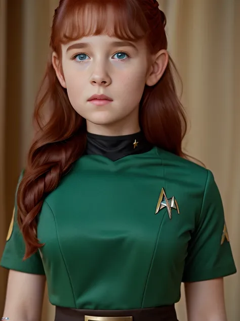 (best quality,4k,8k,highres,masterpiece:1.2),ultra-detailed,(realistic,photorealistic,photo-realistic:1.37), ((a young girl, she wears star trek uniform, solo, shy)), ((very large bust size for her young age)), braided red hair, pale skin