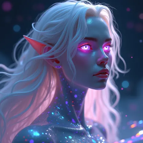 " With silver skin that pulsates like galactic energy ,  her violet eyes emanate infinite calm . Her hair shines like particles .  She wears liquid armor that reflects rainbows ,  surrounded by planetary rings and flows of cosmic energy." 8K FINE ART STYLE