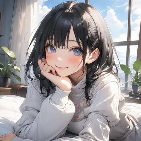  one high school girl、smile、 closes her mouth、blush、Short black hair( small tits;1.5)、Black Oversized Sweat Sweater、Moe sleeves、Place your hand on your cheek、 wariza、 sitting on the bed 、Houseplants、Blue sky from the window、( perfect anatomy ),( best quali...