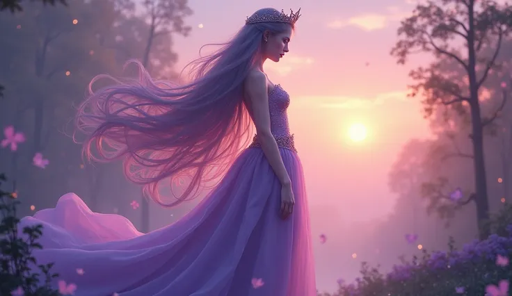 Princess of the Twilight
She has hair that fades from purple to pink, like the colors of twilight. Her dress is a soft gradient of dusk hues, and her crown is shaped like a setting sun