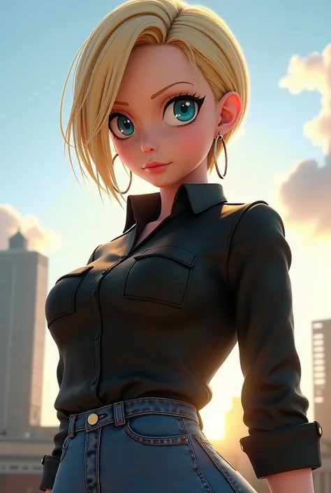 Android 18, Android 18, blonde hair, Blue eyes, eyelash, hoop earrings,  short hair, earrings, BREAK belt,  black leg clothing, black shirt, breast pocket, neckline, clavicle, denim, denim skirt, high-waist skirt, jewelry, long sleeve, pocket, shirt, shirt...