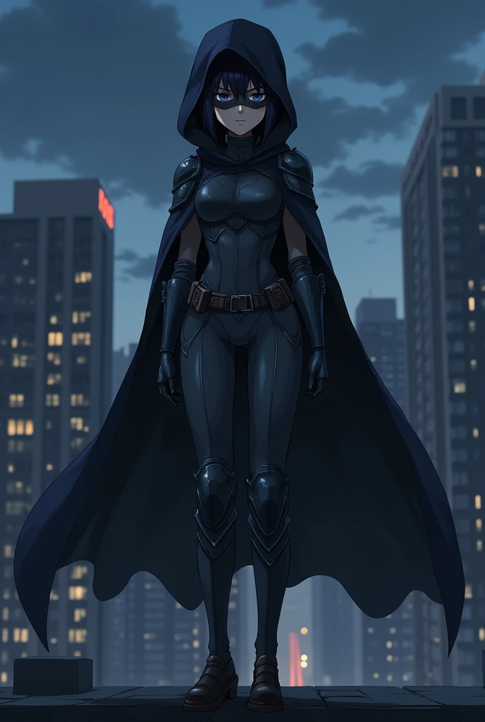 Female anime character, adolescent, serious face, of light armor, with dark mask, perfect female anatomy, wearing a hood and black cape on top of buildings at night