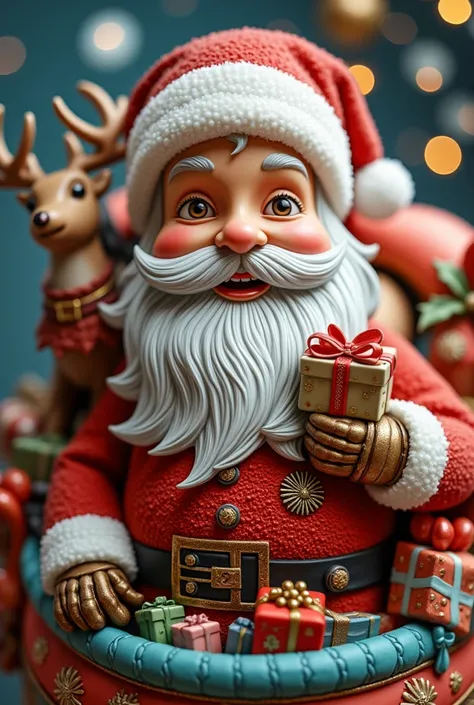  Santas sleigh and reindeer beautifully carved sleigh in a bag with lots of gifts lying on the sleigh ,   Santa keeps the book big  ,   red nose and blush A short gray hair standing holding a small gift with a bow , Smile and joy,   everything is very colo...