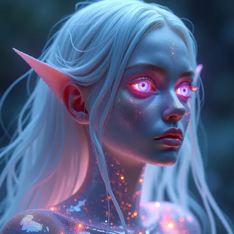 ARTE FRACTAL 8K " With silver skin that pulsates like galactic energy ,  her violet eyes emanate infinite calm . Her hair shines like particles .  She wears liquid armor that reflects rainbows ,  surrounded by planetary rings and flows of cosmic energy."