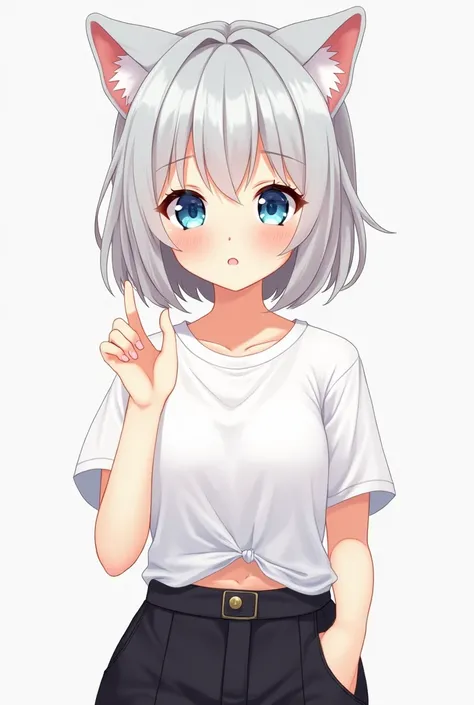 Beautiful, cute anime girl, short hair in light gray, wearing short black pants, wearing a white t-shirt, ((slightly open)), cat ears, beautiful blue eyes, breast size: normal, dont show tails