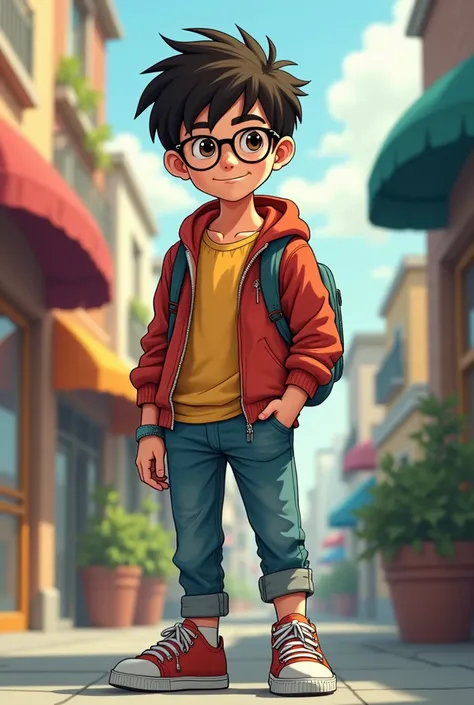 Can you create a boy with glasses with his hand in his pocket, full body pose, Scott Pilgrim 