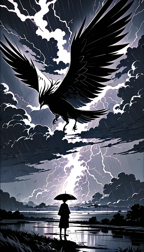 Monochrome ukiyo-e style art depicting the silhouette of the vermilion bird (Suzaku) spreading its wings in a thunderstorm sky, The birds is not visible only its dramatic shadow against dark stormy clouds, Lightning flashes illuminate the sky emphasizing t...