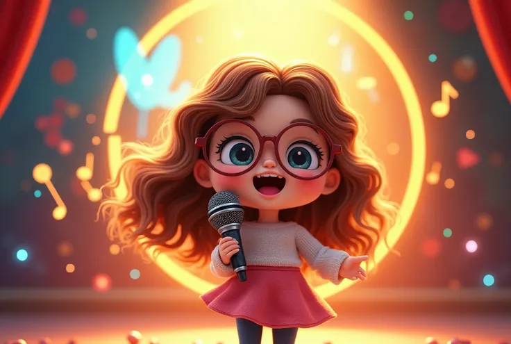 A little doll with glasses and brown hair who loves to sing with a smiling microphone and a music logo