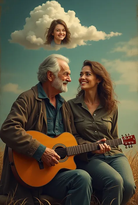 Create a picture and divide it into two halves: 
First half - an old man who misses his old lover while holding a guitar. Add a little cloud near his head and put a picture of a young lady from the 60s in the cloud to show he thinks about her 
Please make ...