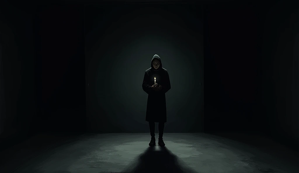 A person standing alone in a dark, cold room, holding a small, flickering candle. The dim light symbolizes the faint presence of faith amidst doubt and uncertainty. The shadows in the room should suggest the struggle against fear and disbelief.