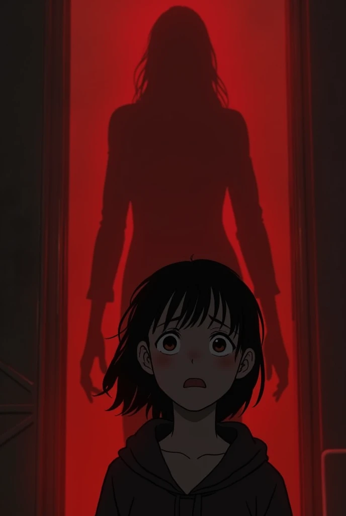 :
" one of the young ,  with eyes wide with terror , turns to the camera ,  while a tall, distorted shadow appears behind it.  The environment is shrouded in faint red light ,  as if the air were heavy and threatening ."
