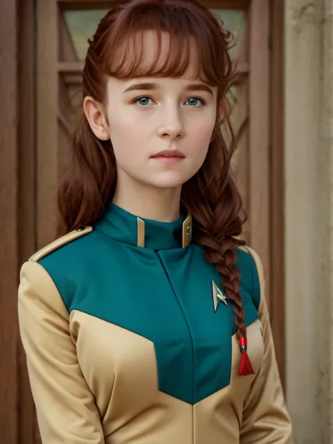 (best quality,4k,8k,highres,masterpiece:1.2),ultra-detailed,(realistic,photorealistic,photo-realistic:1.37), ((a girl, she wears star trek uniform, solo, shy)), ((very large bust size for her young age)), braided red hair, pale skin