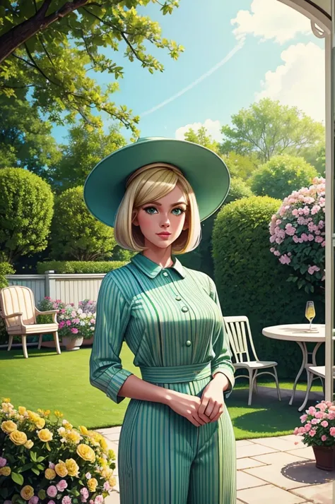 A young woman with blonde hair styled in a soft bob, green eyes glowing, wearing a 1960s checkered jumpsuit and a wide-brimmed hat. She stands confidently in a stylish garden setting with blooming flowers and vintage patio furniture. Soft, natural lighting...