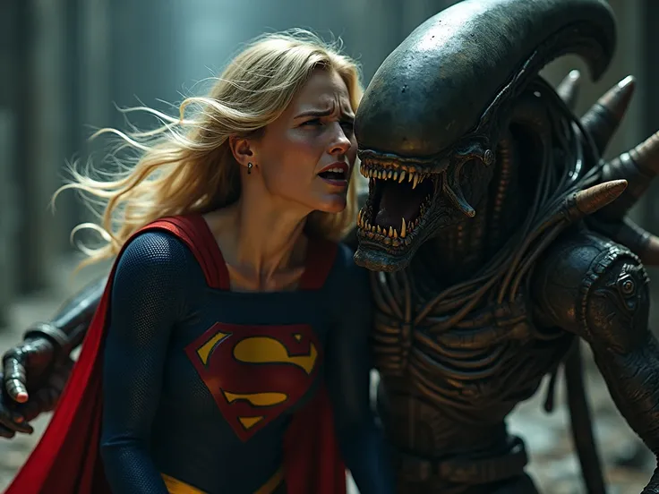 Supergirl Defeated by Xenomorph 、Supergirl Being Humiliated
Xenomorphs tail is entangled and Supergirl cant move
Supergirl is screaming in so much pain
Live action style