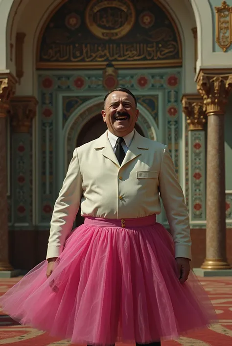 Draw me a laughing Adolf Hitler dressed in a pink skirt inside a mosque