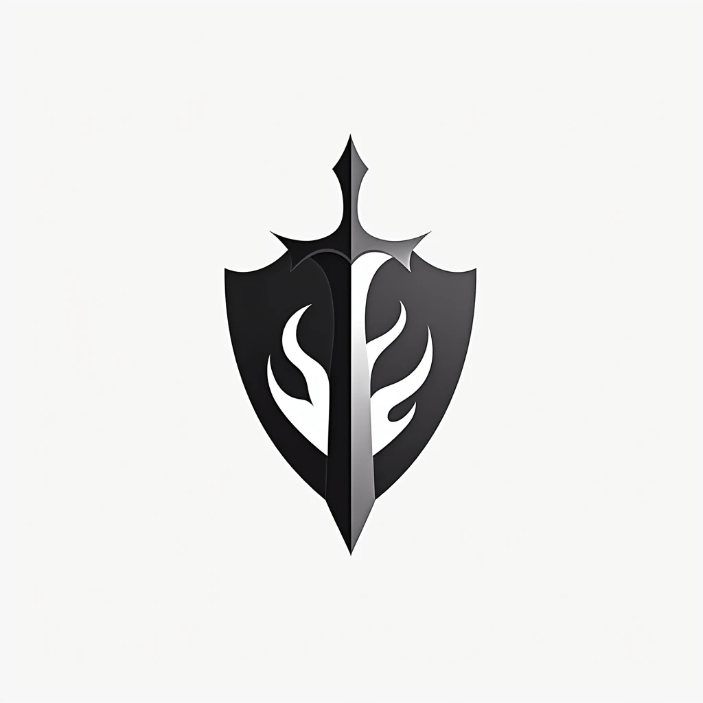 Create a minimalist and modern logo with a sword shield element and a little fire element But elegant and iconic In black and white For the mobile legend game logo 