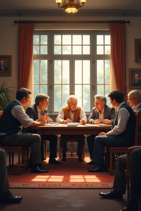 Large plan of a meeting of 7 adults and 2 ren talking inside a house