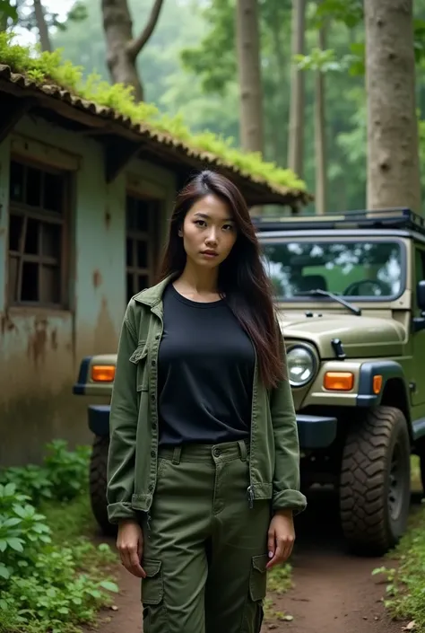 photograph realisme 1.2  a beauty korean woman wearing black tshirt, green jacket and green long cargo pant ,standing near off road jeep wrangler in tropical junggle and have old indonesian house almost destroy because in roof with gebteng full little gree...