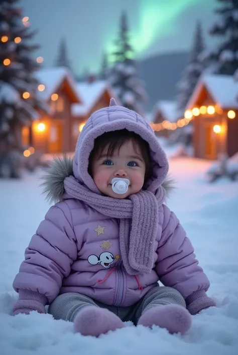  creates a distant image of two sisters  ((   brunette baby with dark brown eyes dark brown hair with a pacifier  ) holding a kiss on the head a  ( plump newborn baby with little dark brown hair with blue eyes ) ( is wearing a pastel purple sweatshirt with...