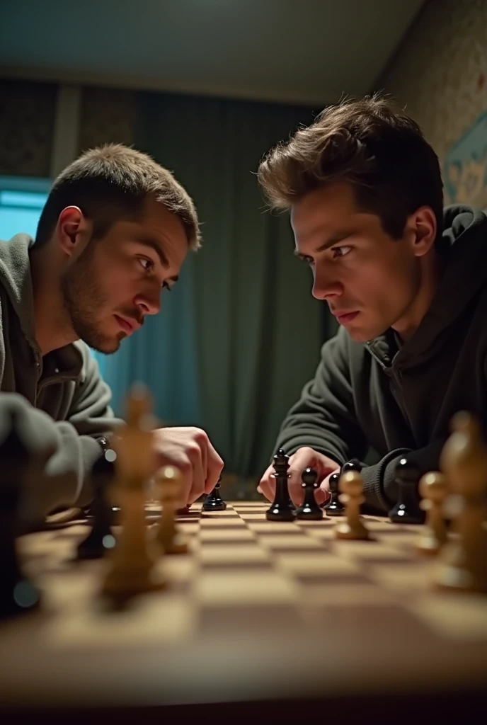  2 people sitting opposite each other playing chess, machine angle from bottom to top