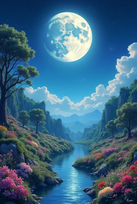  a place with a big moon and stars, plants, colorful flowers and water