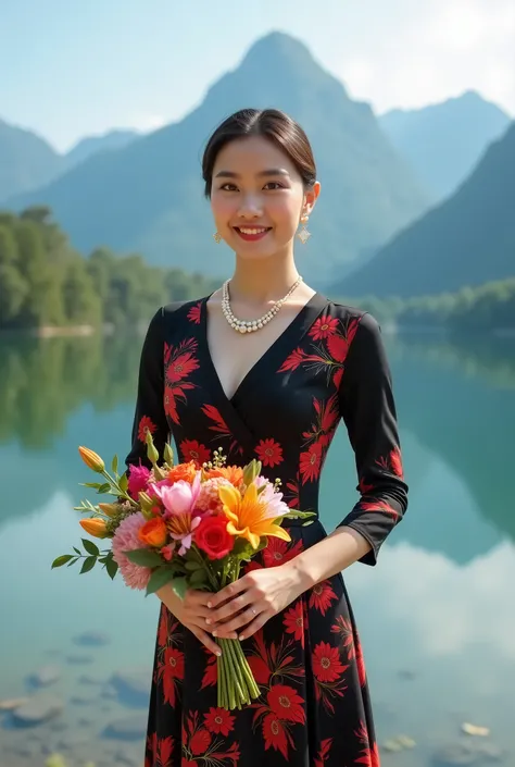 A high-quality photo of a Malaysian woman wearing a black and red floral maki dress. She has a pearl necklace and small diamond earrings. She is holding a bouquet of flowers. The background is a serene lake with mountains and a clear sky. The lighting is b...