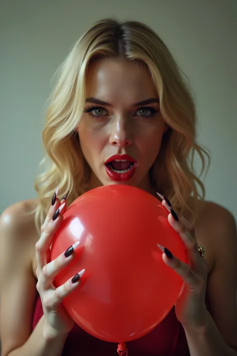 A sexy blonde, 20 age,wants to pop ballon, her hands are squeezing a balloon, pop ballon by her nails, long nails, scary, wants to scare others with an explosion