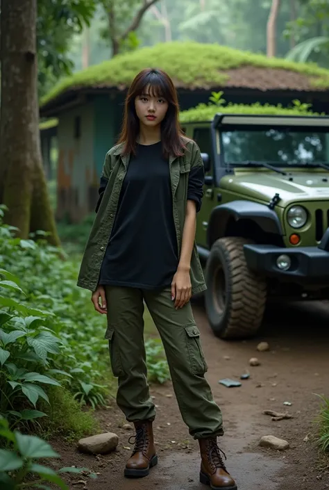 photograph realisme 1.2  a beauty korean woman wearing black tshirt, green jacket and green long cargo pant ,wearing brown tactical shoes,standing near off road jeep wrangler 4X4  in tropical junggle and have old indonesian house almost destroy because in ...