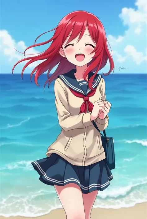  cute girl　Standing still　 laughing　 anime style　Hair color is red 　 College Student 　 in the sea