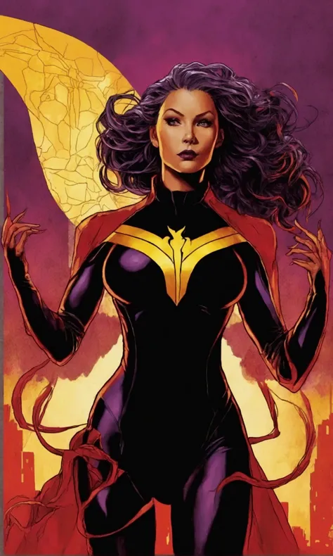 a cute woman in the role of marvels dark phoenix (cute, sexy violet villain costume silhouette of a dark phoenix on her chest, corona of dark energy, evil sexy stare, evil sexy pose) ruins of new york cords and tendrils of dark energy snaking around and pr...