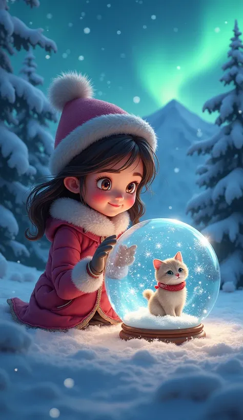  Crystal Ball Close-up of a Cat Visible Snow Northern Lights and Snowy Mountains, Reindeer Christmas Trees , New Year&#39;s garlands,  Very Beautiful The Girl Looks in Her Hands and Looking into the Crystal Ball ,  A girl in a hat with a bubon and Warm Fur...