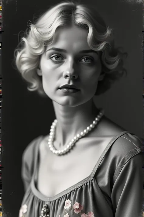  The photo of a woman from the 1910s , She blond with blue eyes ,  the photo only from the bust up ,  in black and white and as if the photo had become ugly by time, The woman is wearing a flowered dress and a pearl necklace ,  dont make the photo so sharp...