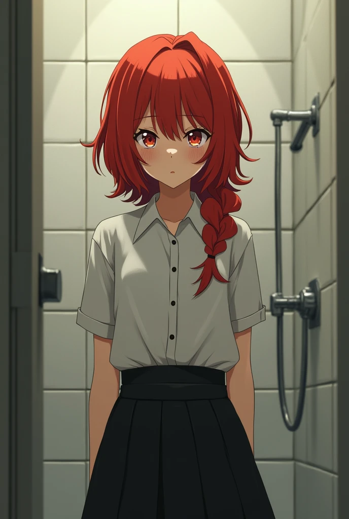 A red-haired girl is standing in the toilet in a white shirt in a black skirt showing 
on your face with  on your face