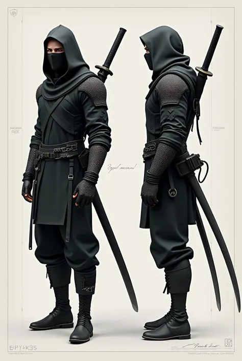 Character Design Sheet, , character reference sheet, character turn around, a Ninja, (Ninja Costume: Dressed in black with black ink all over his body, chain mail inside it, ink on his face, a ninja sword on his back, he sneaks into enemy territory in the ...