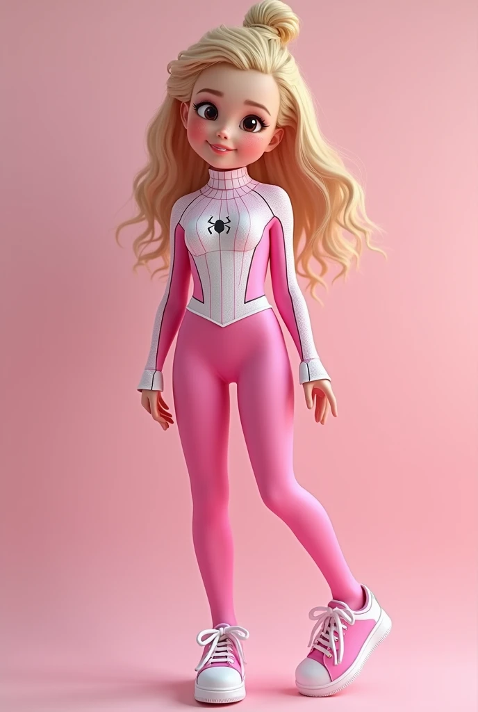 Femme âgée 17 ans ( cheveux long et blonde ), (coupe en chignon), (visage parfait), beauté, attrayant, joyeuse, souriante, (Elle est en tenue de Spider-Man couleur rose et blanc), Elle fais une pose mignonne et kawaii, rougie, corps entier, ultra réaliste,...