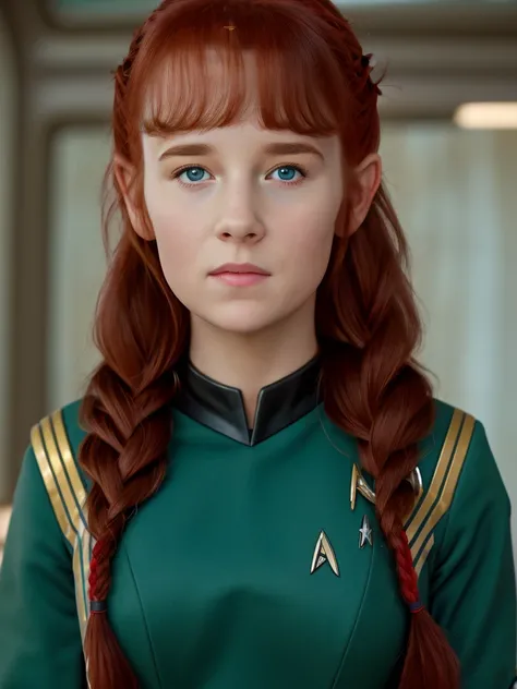 (best quality,4k,8k,highres,masterpiece:1.2),ultra-detailed,(realistic,photorealistic,photo-realistic:1.37), ((a girl, she wears star trek uniform, solo, shy)), ((very large bust size for her young age)), braided red hair, pale skin, Starship Enterprise, o...