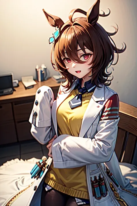  Agnes Tachyon 、Horse Girl、One person、 girl、Horse ears、Horse tail、 earring on one side 、Red eyes、 lines in eyes 、 shorthair、 brown hair 、Jacket、（White coat:1.2)、(bigger sleeve than wrist :1.1)、 yellow big sweater、 ties、 black pantyhose 、Stray hair、best qua...