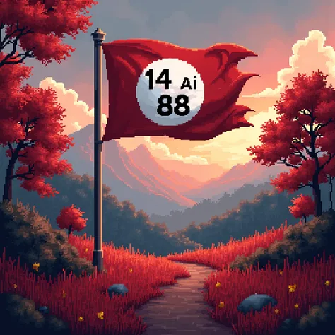 red flag with a white circle in which it says "14 AI 88" in black letters, beautiful landscape with trees with red leaves, red grass, red sky, pixelart