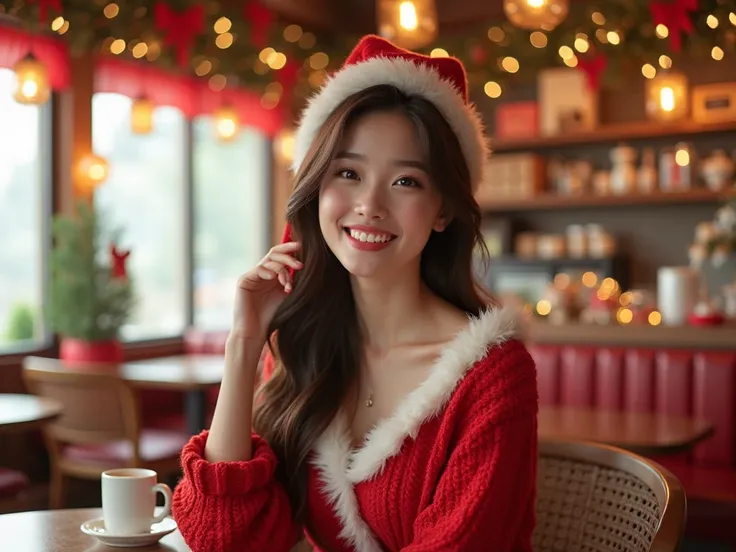 Woman in Thailand hotel, 23 years old korean woman, sakimichan, E cup breast, chinese model ,wearing Christmas clothes , Christmas theme cafe , smiling 